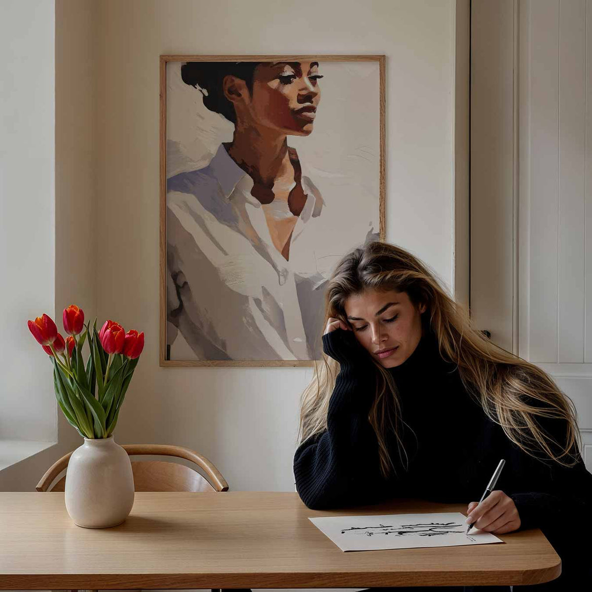 Elegante Vrouw in Witte Blouse – staande muurposter met zomerse uitstraling
