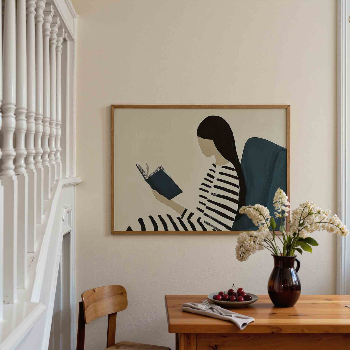 Lezende vrouw – liggende illustratie poster als wanddecoratie