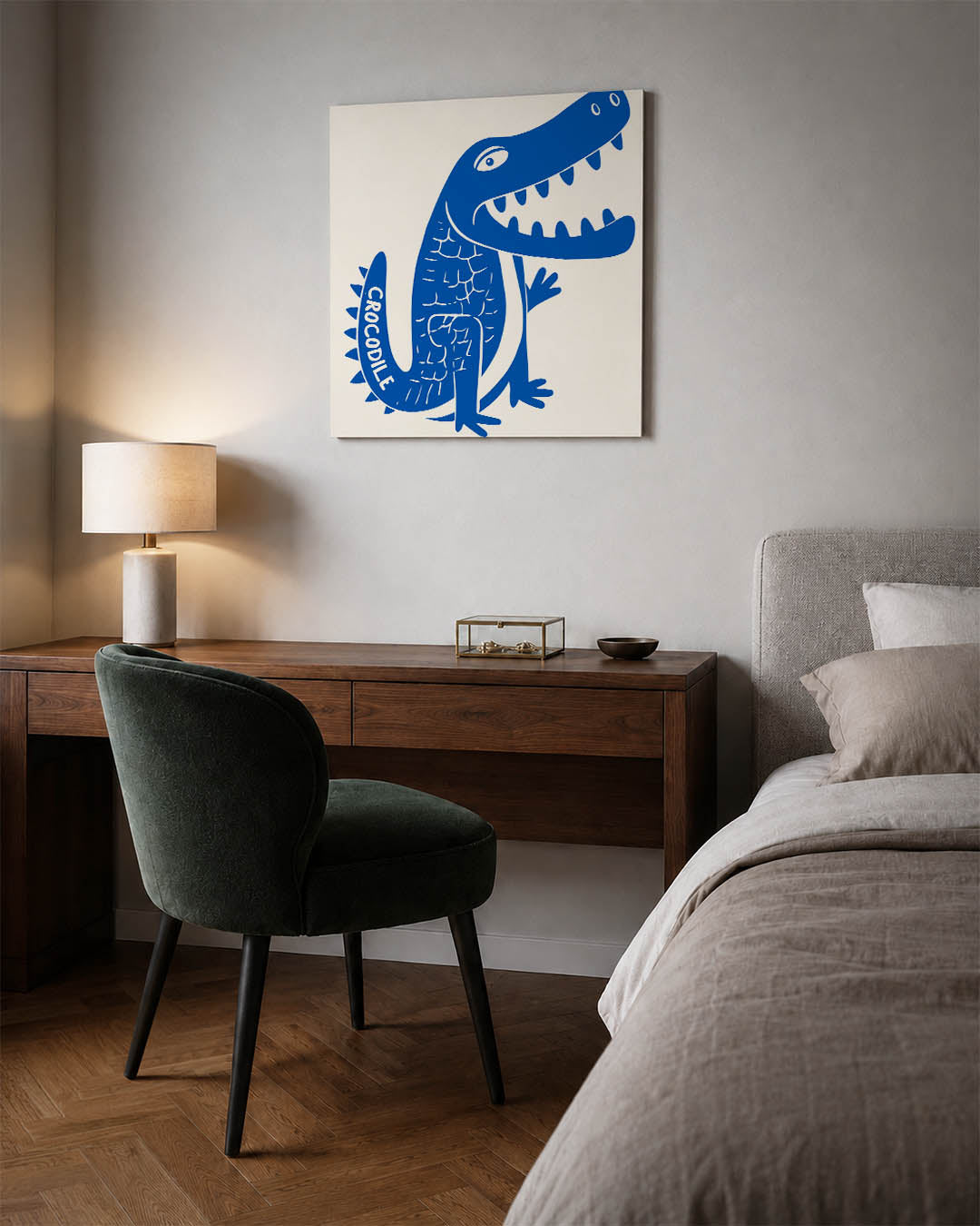 Speelse krokodil illustratie kunstwerk – materiaalweergave – dit werk toont een speelse blauwe krokodil met een grote