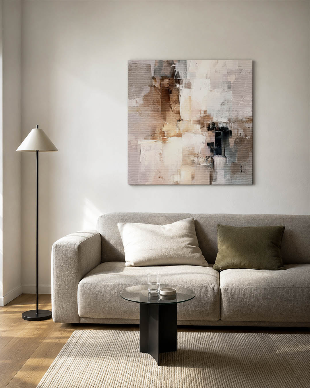 Gelaagde compositie kunstwerk – vierkante wanddecoratie – dit werk toont een dynamische mix van rechthoekige vormen in zachte
