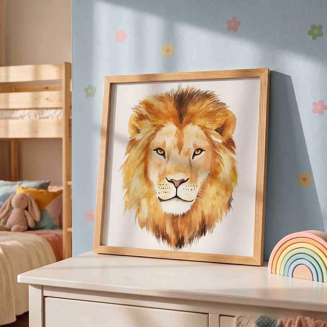 Leeuw portret – speelse wandkunst als vierkante kinderposter