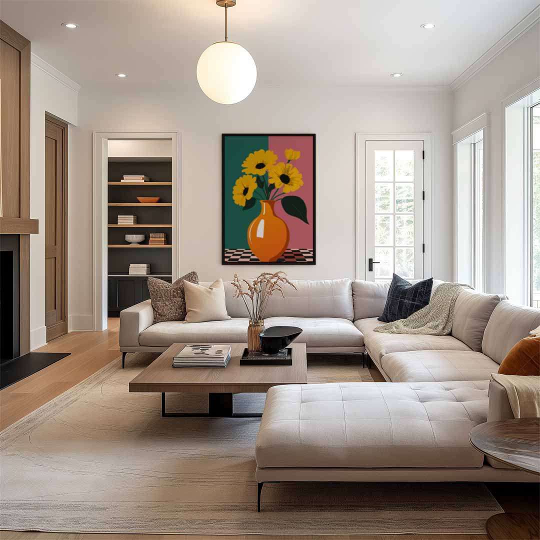 Zonnige Bloemen in Vaas – canvas wanddecoratie in portret formaat