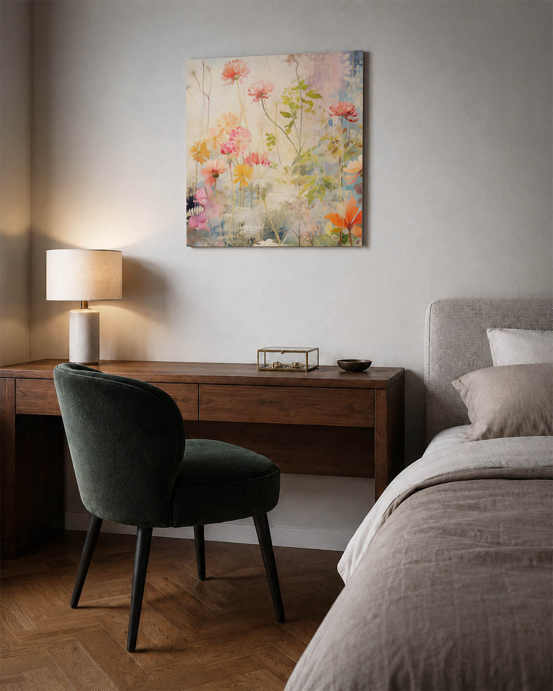 Bloemenpracht kunstwerk – materiaalweergave – dit kunstwerk toont een levendige verzameling bloemen in zachte tinten, met een