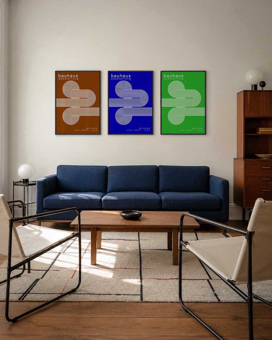 Lijnen en cirkelpatronen driedelige posterset – deze posterset in drie delen toont een spel van witte lijnen en cirkels op