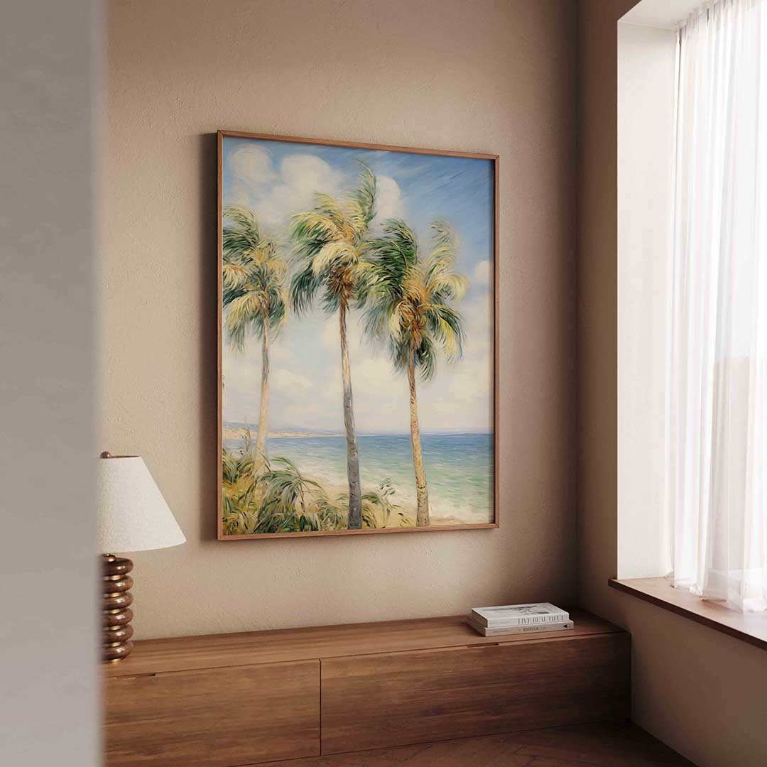 Palmbomen aan zee – tropische wandkunst als portret poster