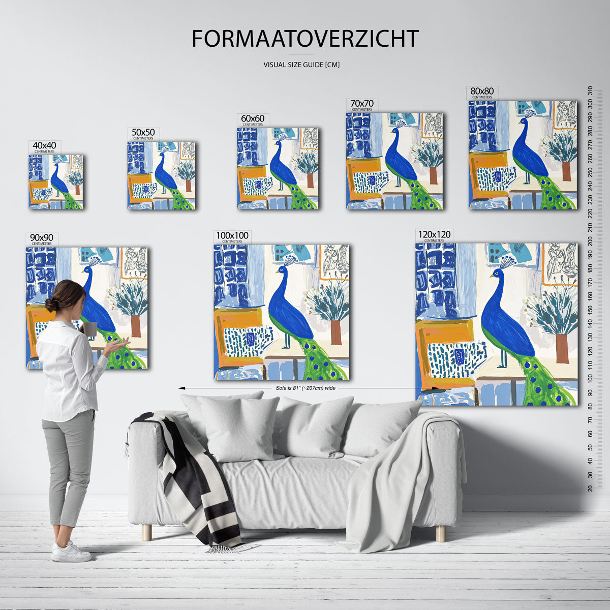 Pauw in interieur – vierkante muurposter met dierenthema