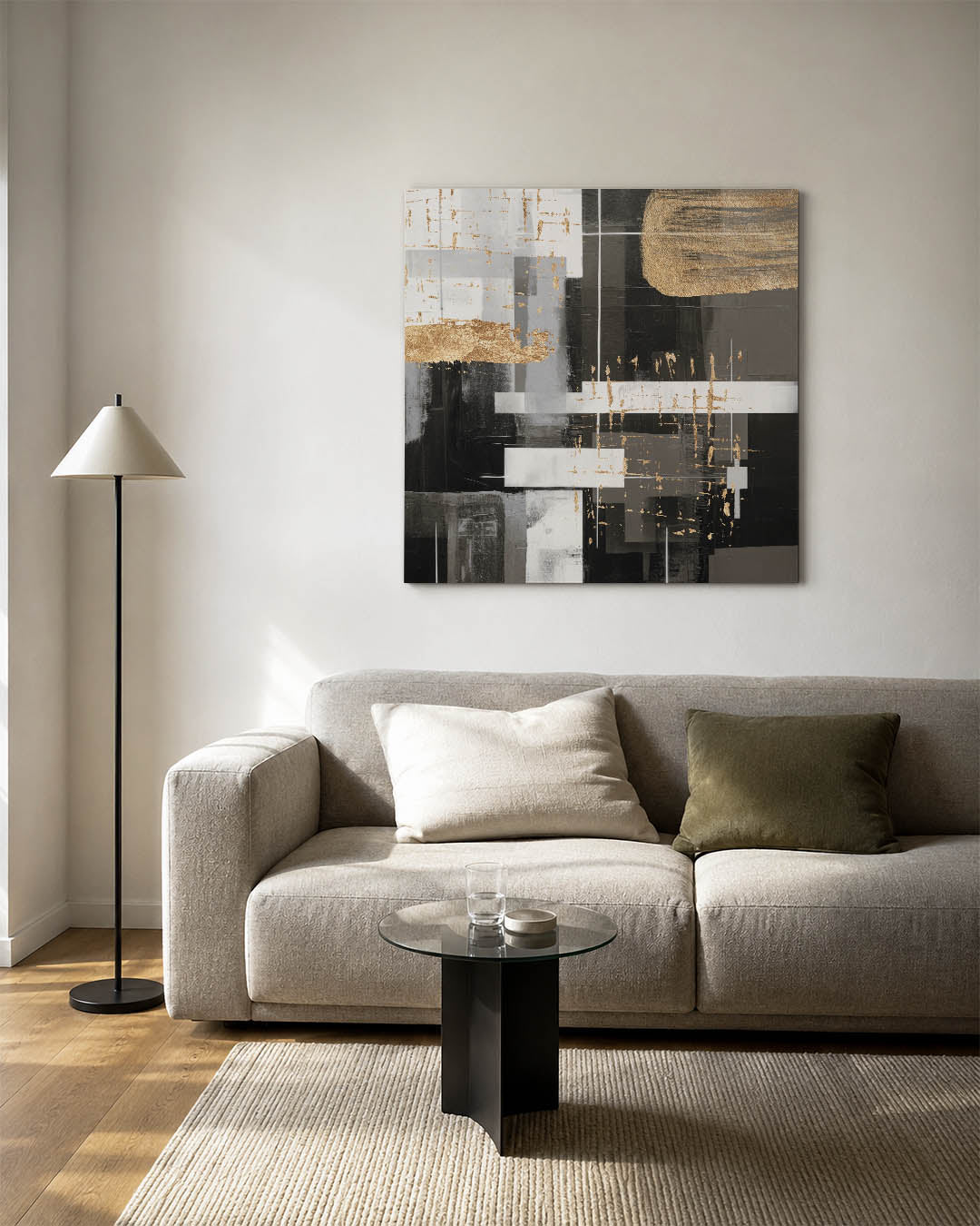 Gelaagde compositie kunstwerk – vierkante wanddecoratie – dit werk toont een dynamische mix van rechthoeken en lijnen in