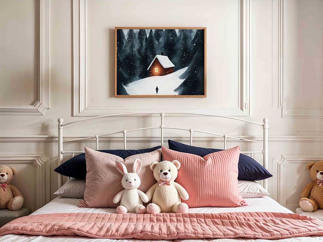 Winterlandschap met huisje – kids poster in liggend formaat