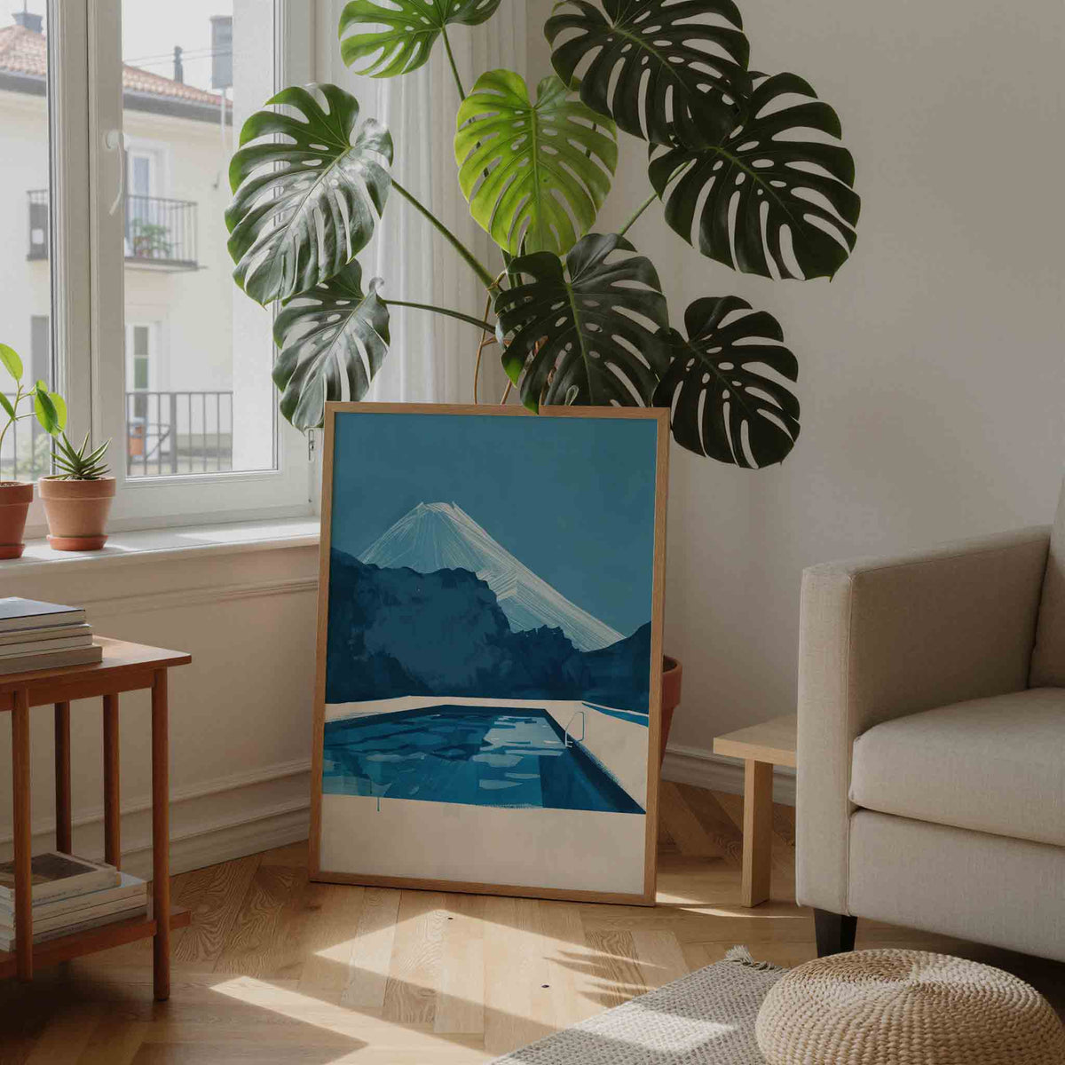 Zwembad en berg – moderne illustratie als portret poster