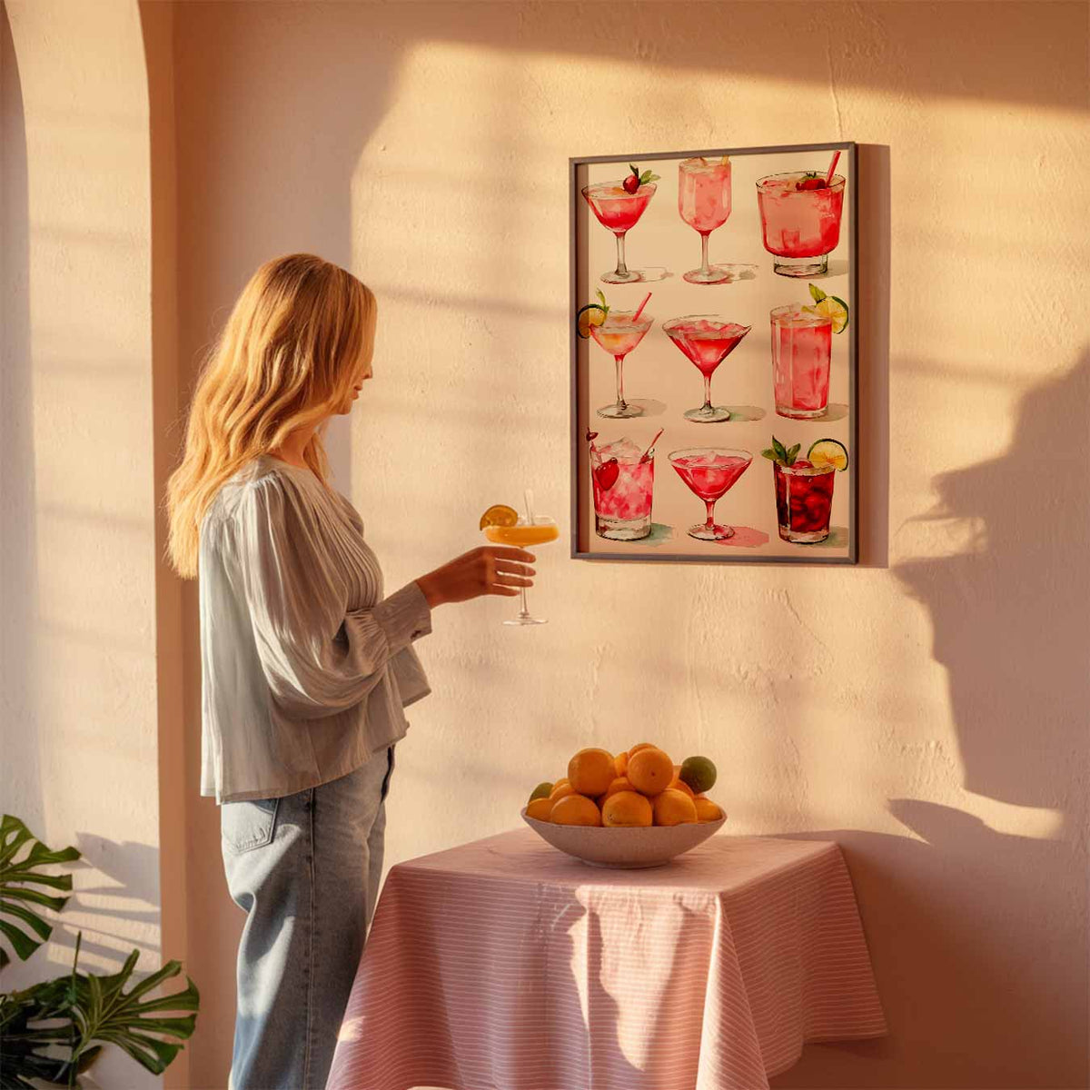 Roze Cocktail Kunstposter – keuken poster als sfeervolle staande wanddecoratie