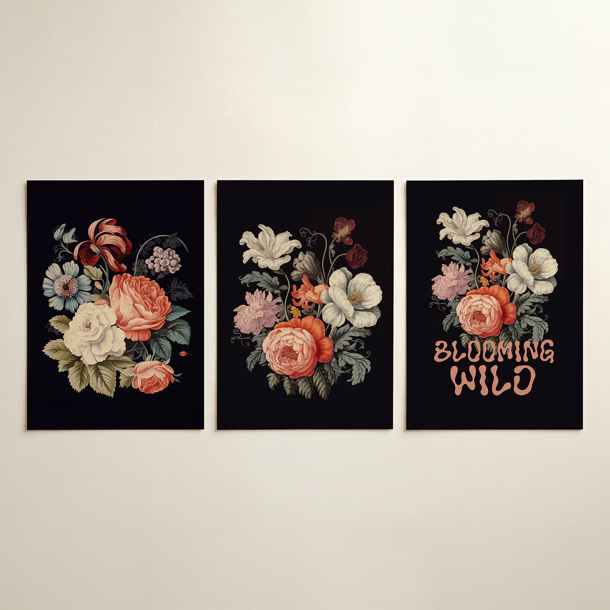 Bloemenpracht posterset – detailweergave – een weelderige verzameling bloemen in zachte tinten rood,