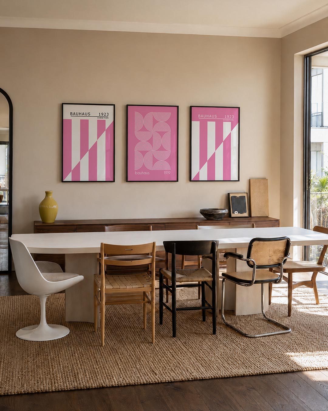 Roze lijnenspel driedelige posterset – deze posterset in drie delen toont een speelse combinatie van roze en witte vlakken.