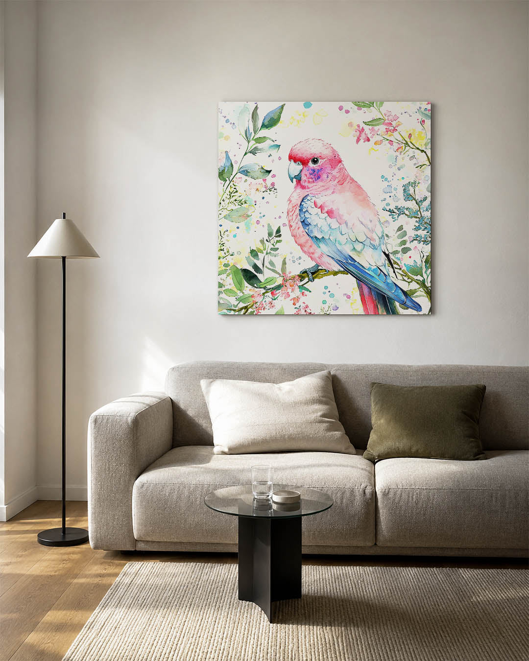 Vrolijke vogel illustratie kunstwerk – detailweergave – dit werk toont een kleurrijke vogel omringd door bladeren en bloemen.