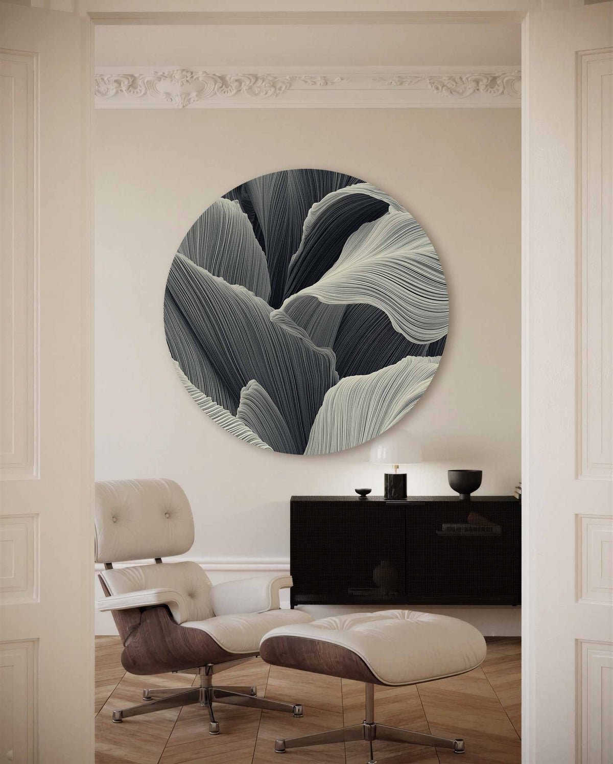 Golvende bladeren – moderne abstracte muurcirkel voor aan de muur