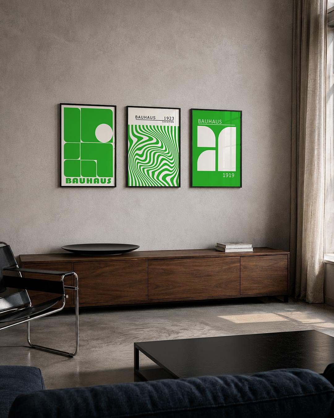 Groene vormenbalans driedelige posterset – deze posterset in drie delen toont een speelse ordening van groene rechthoeken en