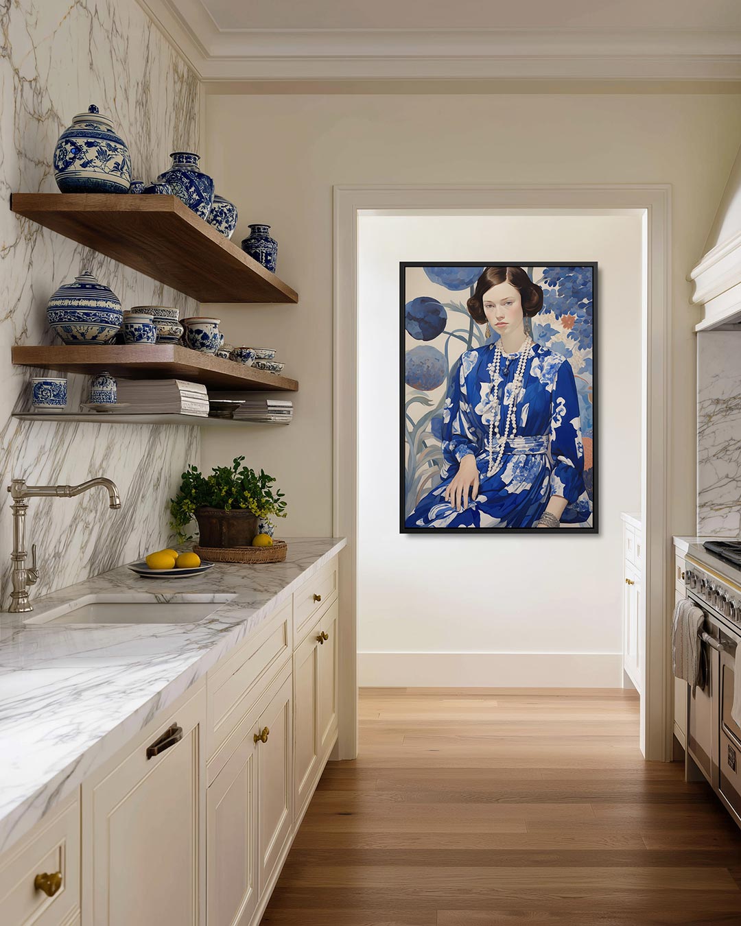 Vrouw in blauwe jurk – staand wanddecoratie kunstwerk