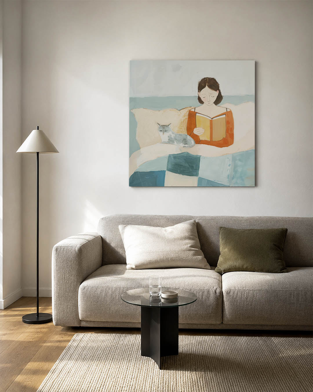 Lezende vrouw met kat kunstwerk – vierkante wanddecoratie – dit werk toont een vrouw die een boek leest met een kat naast
