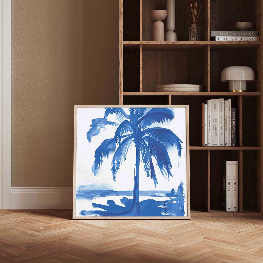 Palmboom aan zee – vierkante design wanddecoratie van WallArtistic