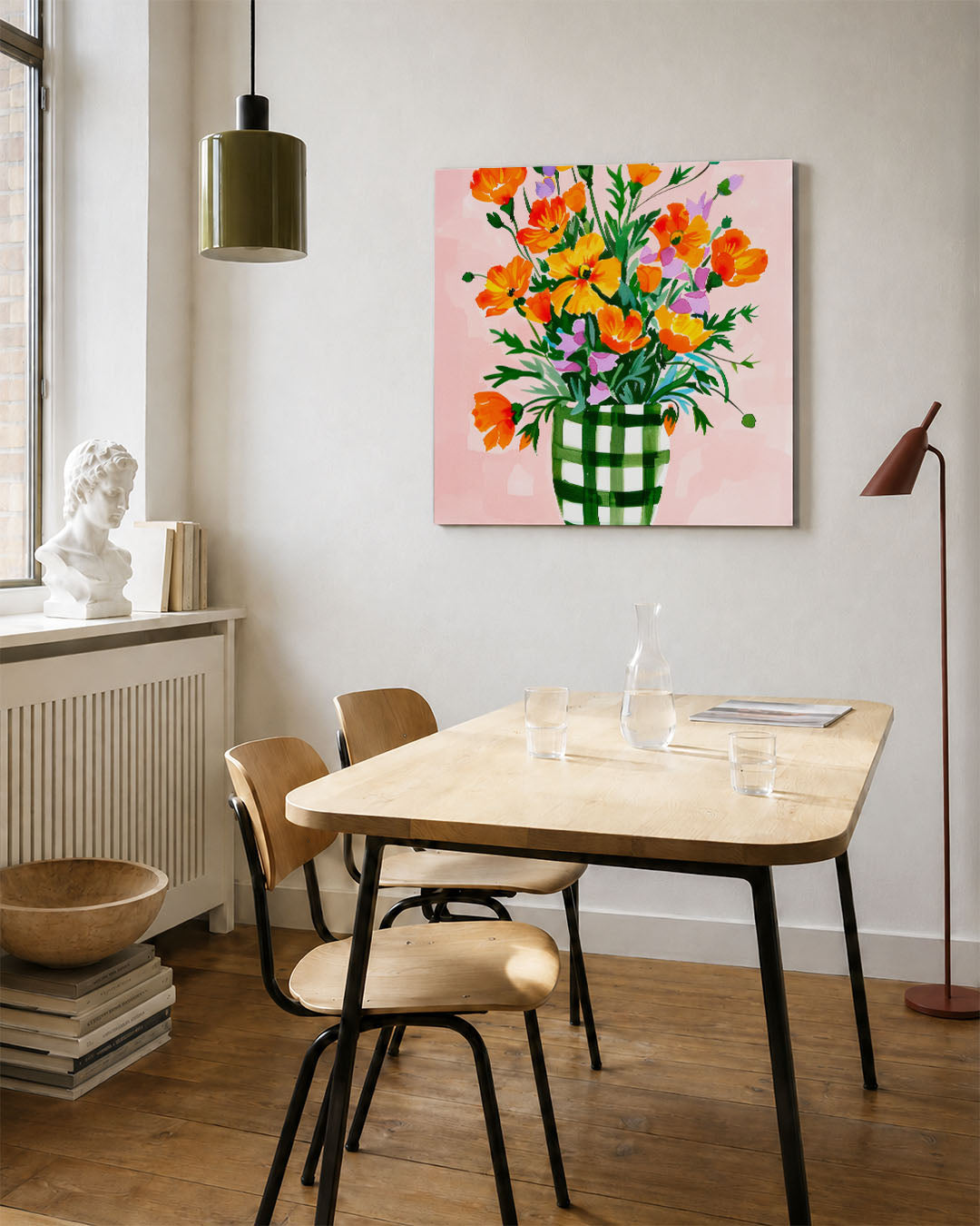 Bloemrijke compositie kunstwerk – vierkante wanddecoratie – dit kunstwerk toont een levendig boeket met oranje bloemen in een