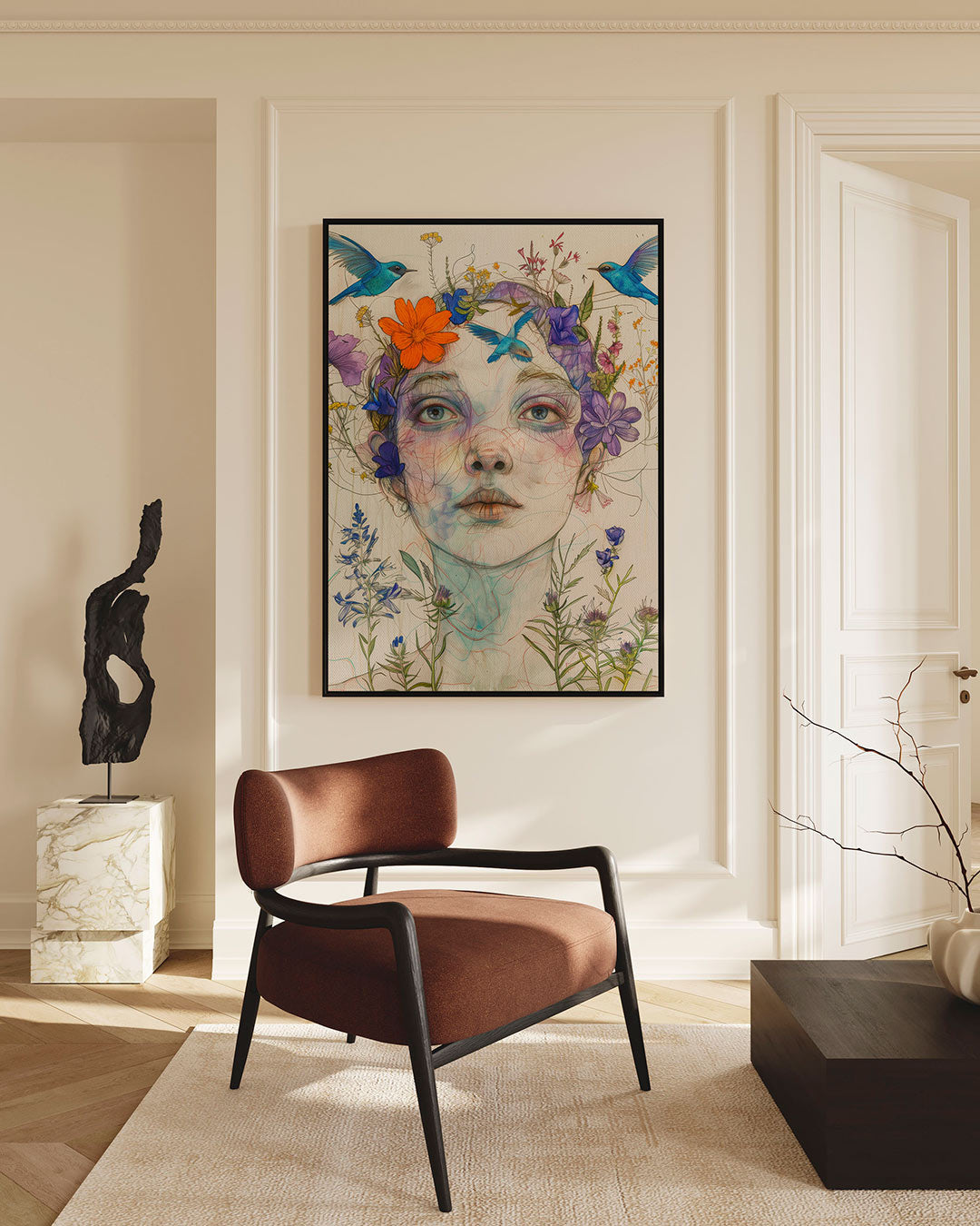 Vrouw met bloemen en vogels – Vrouwelijk – staande wanddecoratie