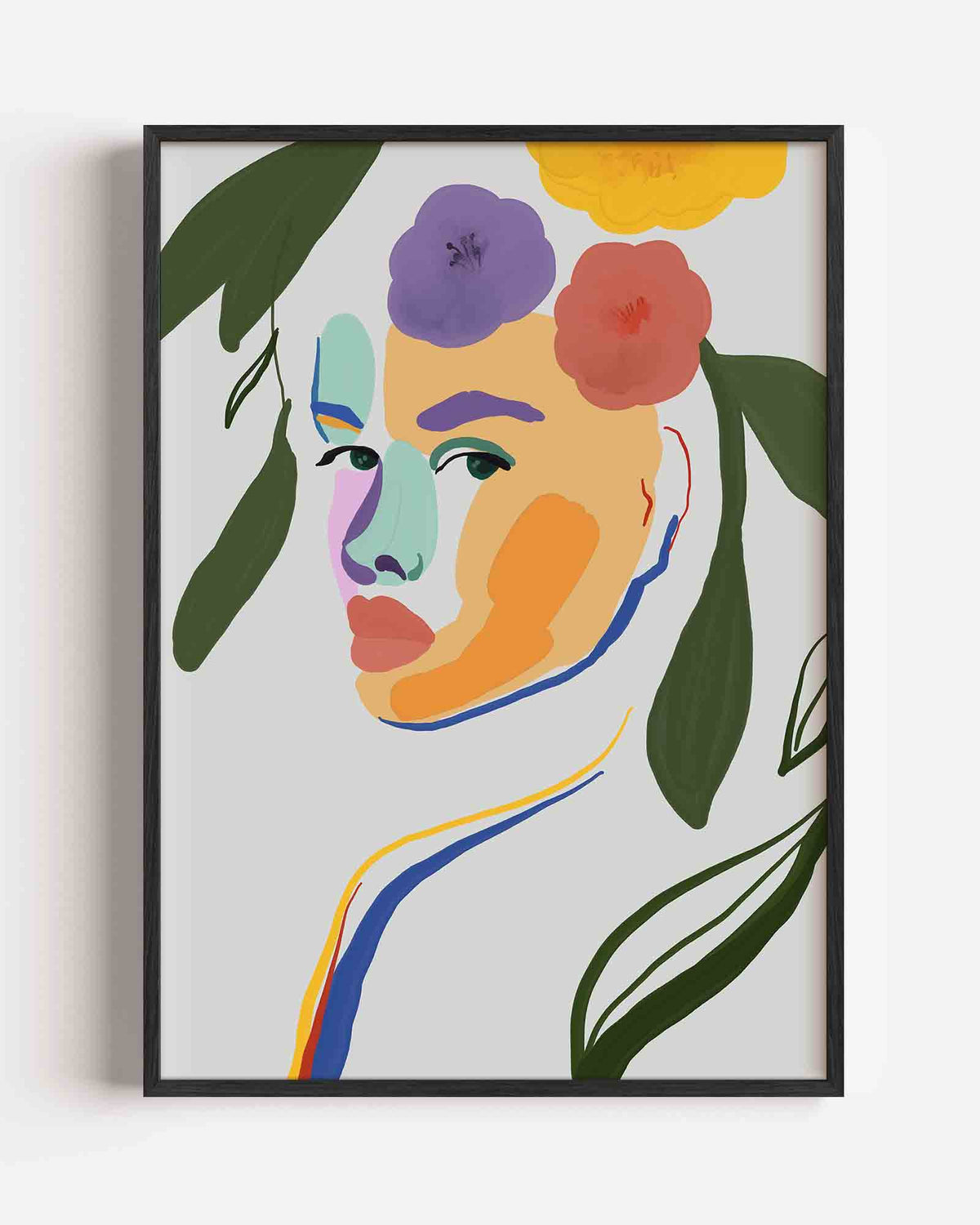 Bloemen en gezicht – hedendaagse illustratie portret poster als wanddecoratie