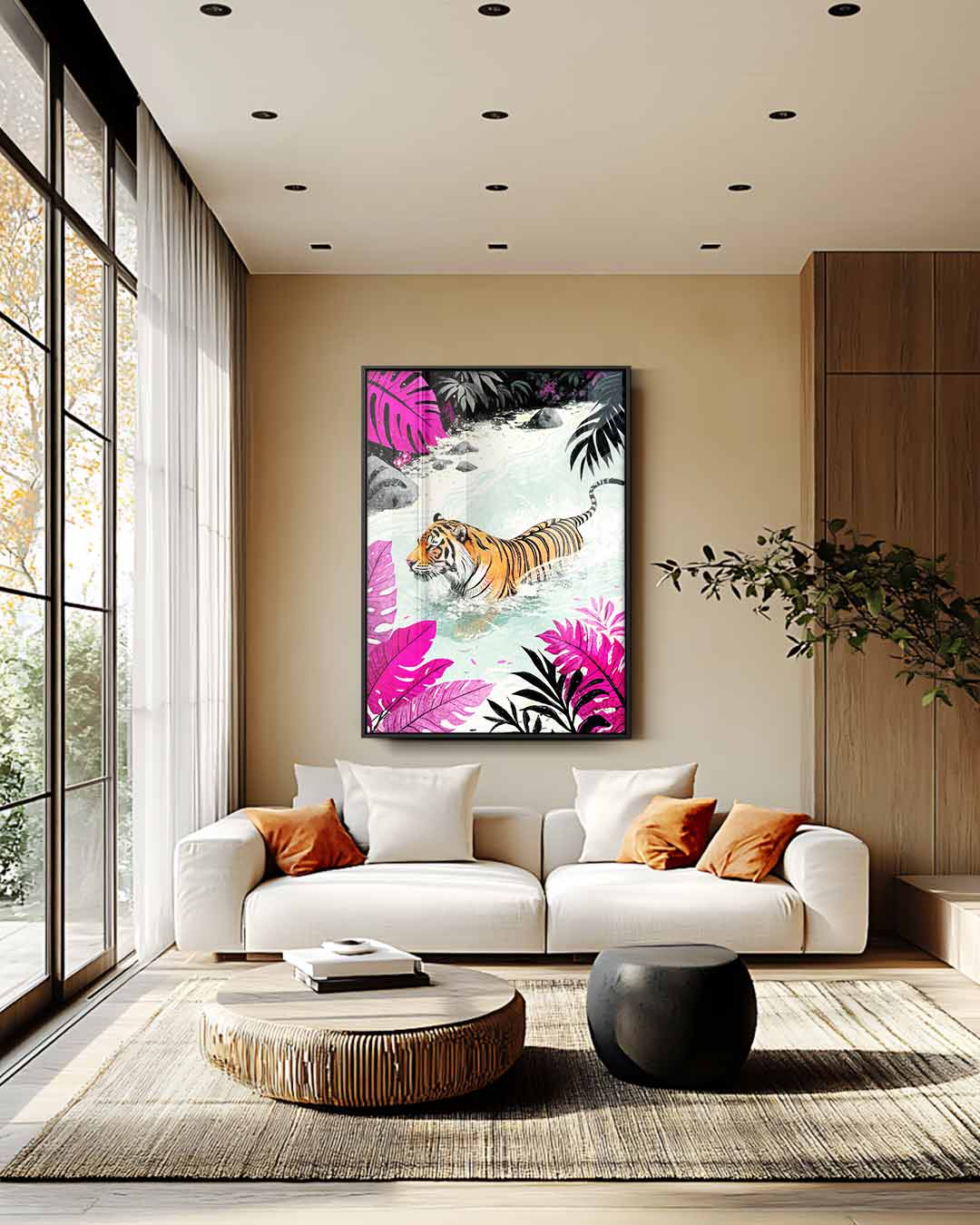 Tijger in Kleurrijke Jungle – modern portret kunstwerk van WallArtistic