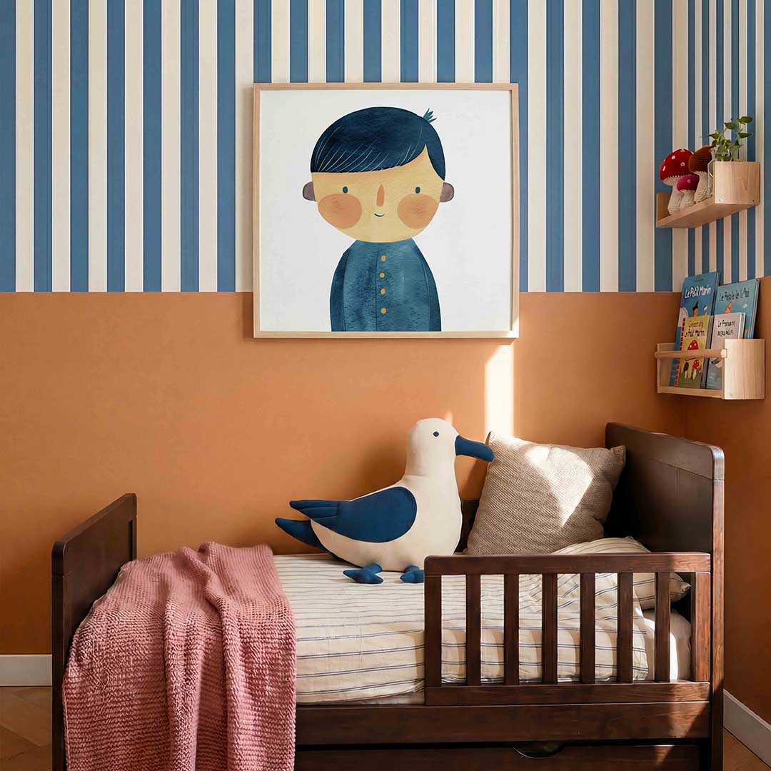 Jongen met blauwe jas – kids poster in vierkant formaat