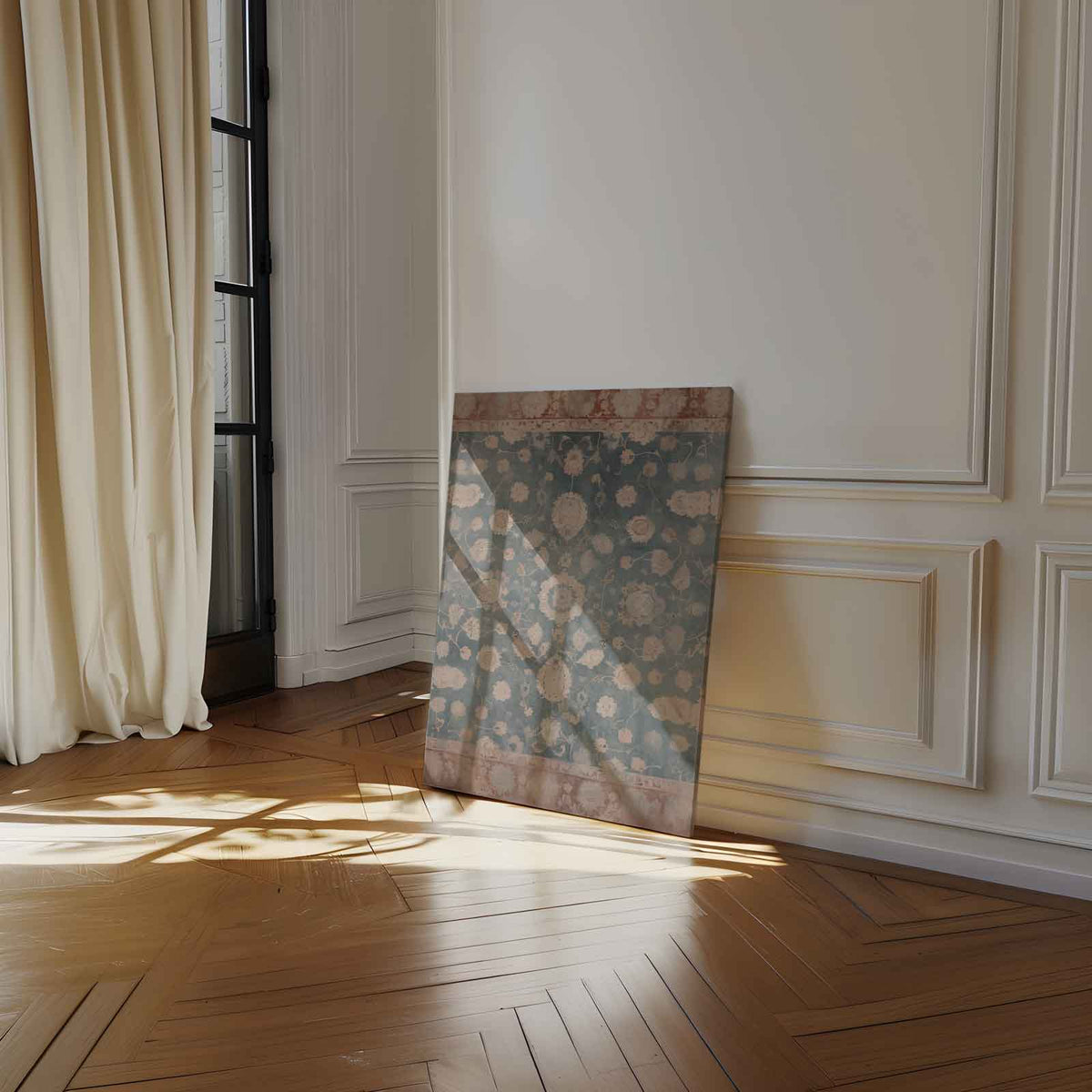Tijdloze Bloemenpracht op Blauw Tapijt – canvas wanddecoratie in portret formaat