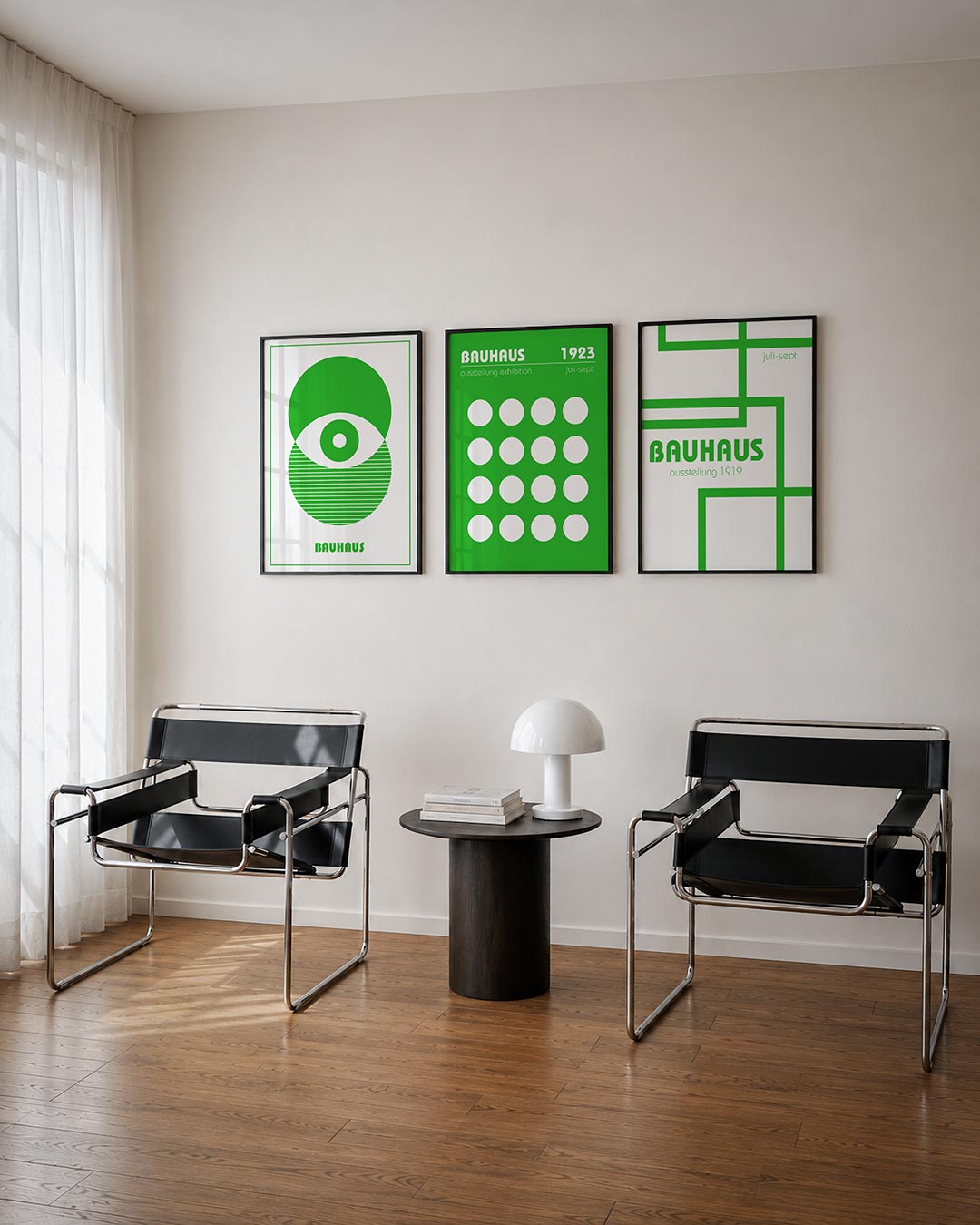 Groene cirkelcompositie posterset – tweede productweergave – deze posterset in drie delen toont een speelse combinatie van