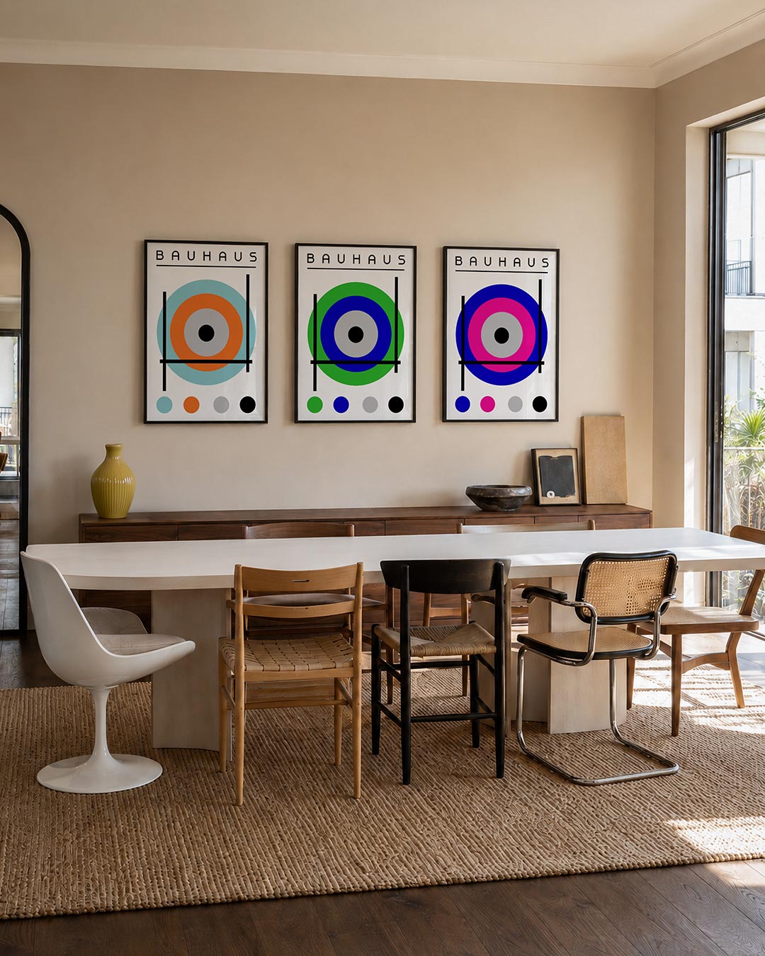 Cirkel en lijnen posterset – tweede productweergave – deze posterset in drie delen toont een dynamisch spel van cirkels en