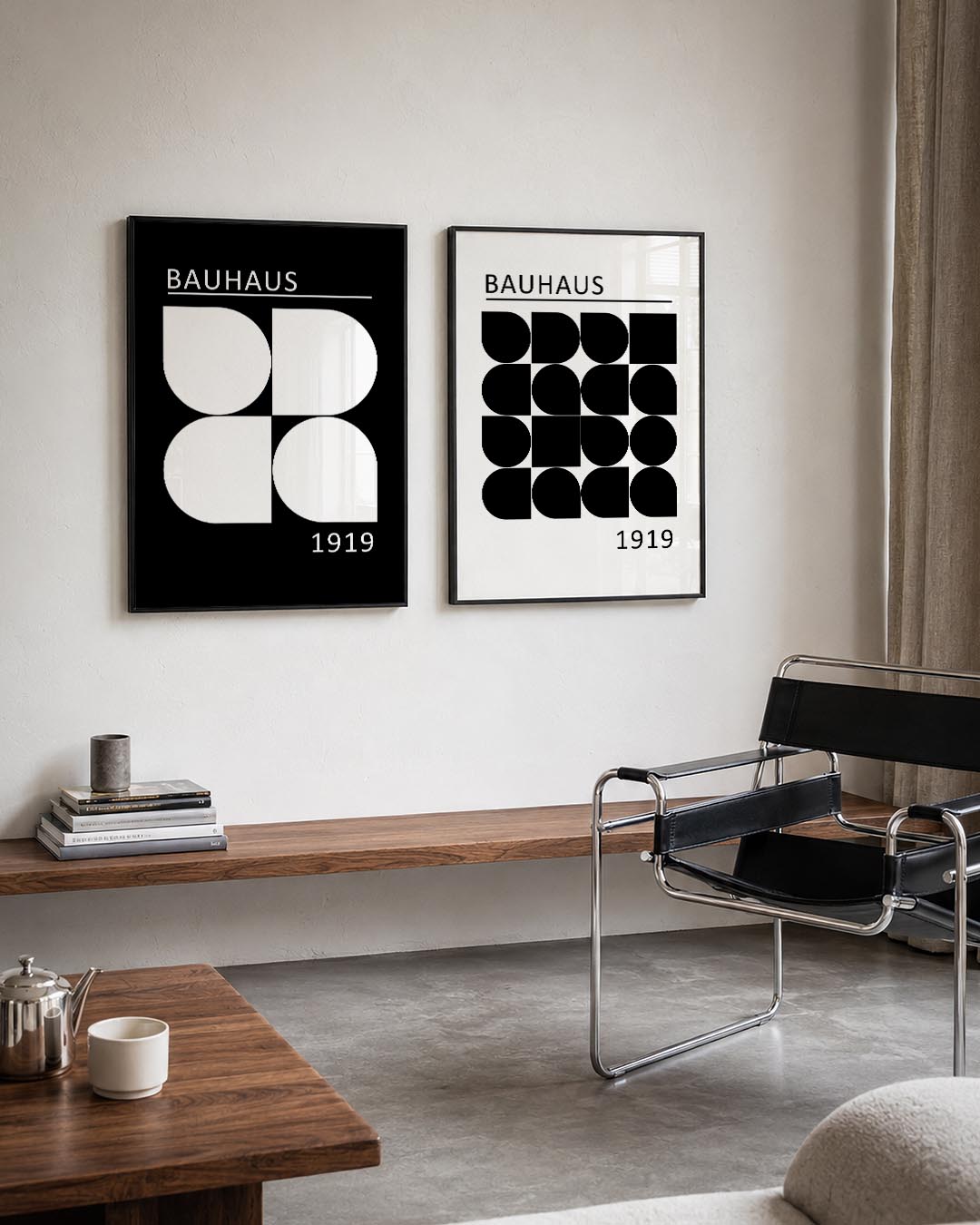 Vorm en balans Posterset-Bauhaus-geïnspireerde geometrische posters in een modern interieur