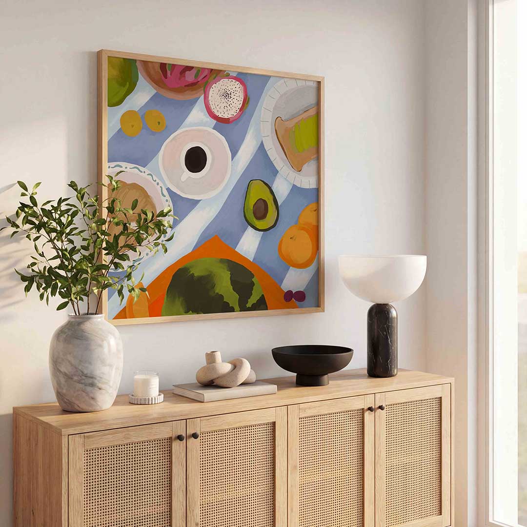 Ontbijt met fruit en koffie – illustratie poster in vierkant formaat
