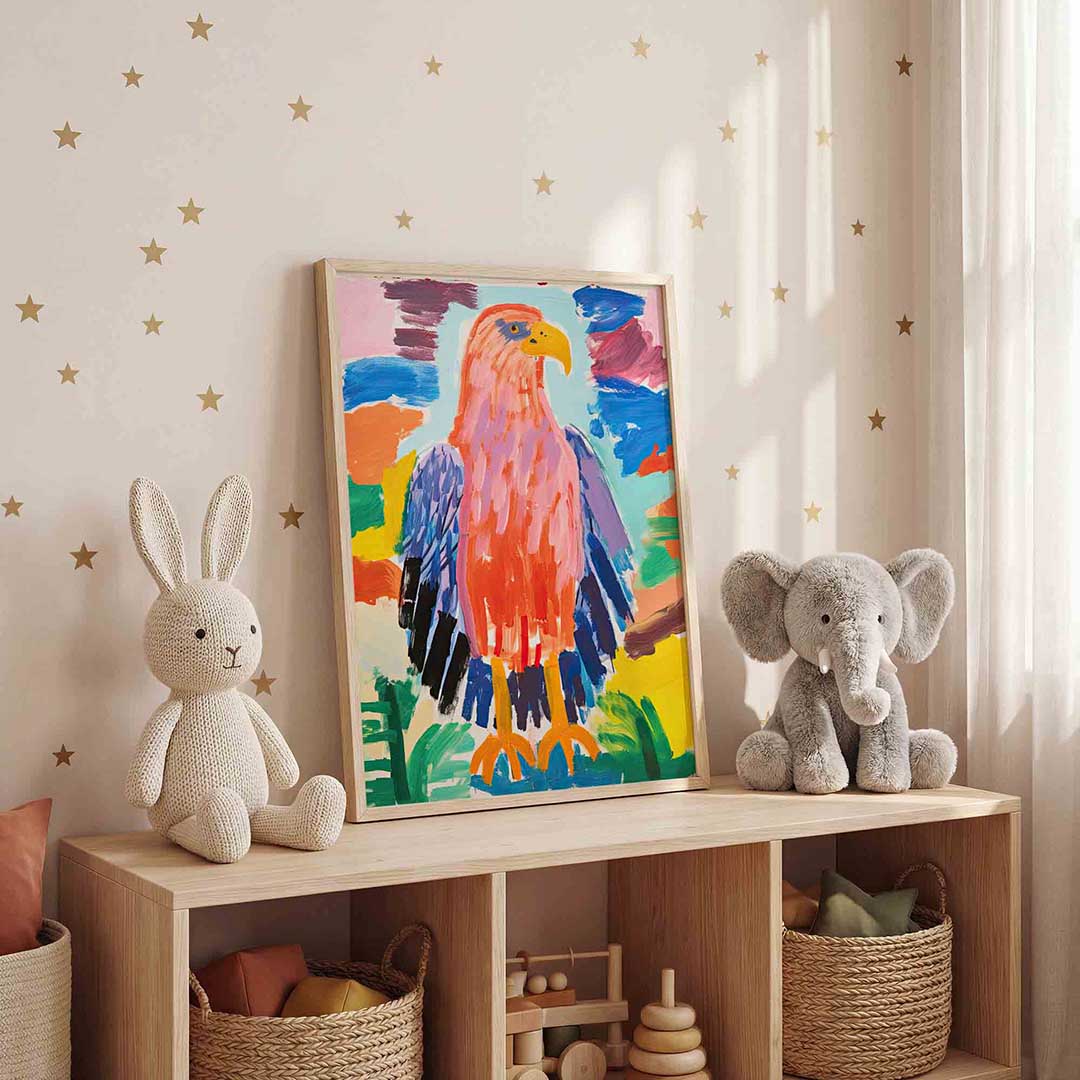 Vogel met kleurrijke veren – staande kinderkamer wanddecoratie van WallArtistic