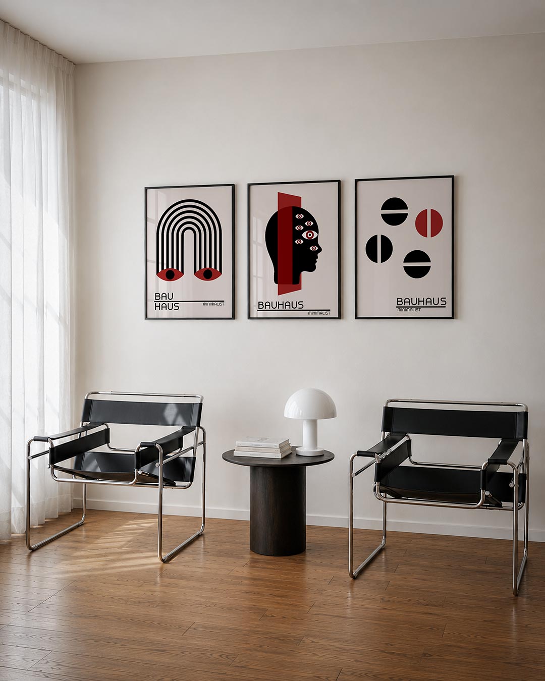 Lijnen en ogen driedelige posterset – deze posterset toont een boog van zwarte lijnen met twee rode ogen aan de basis. Het