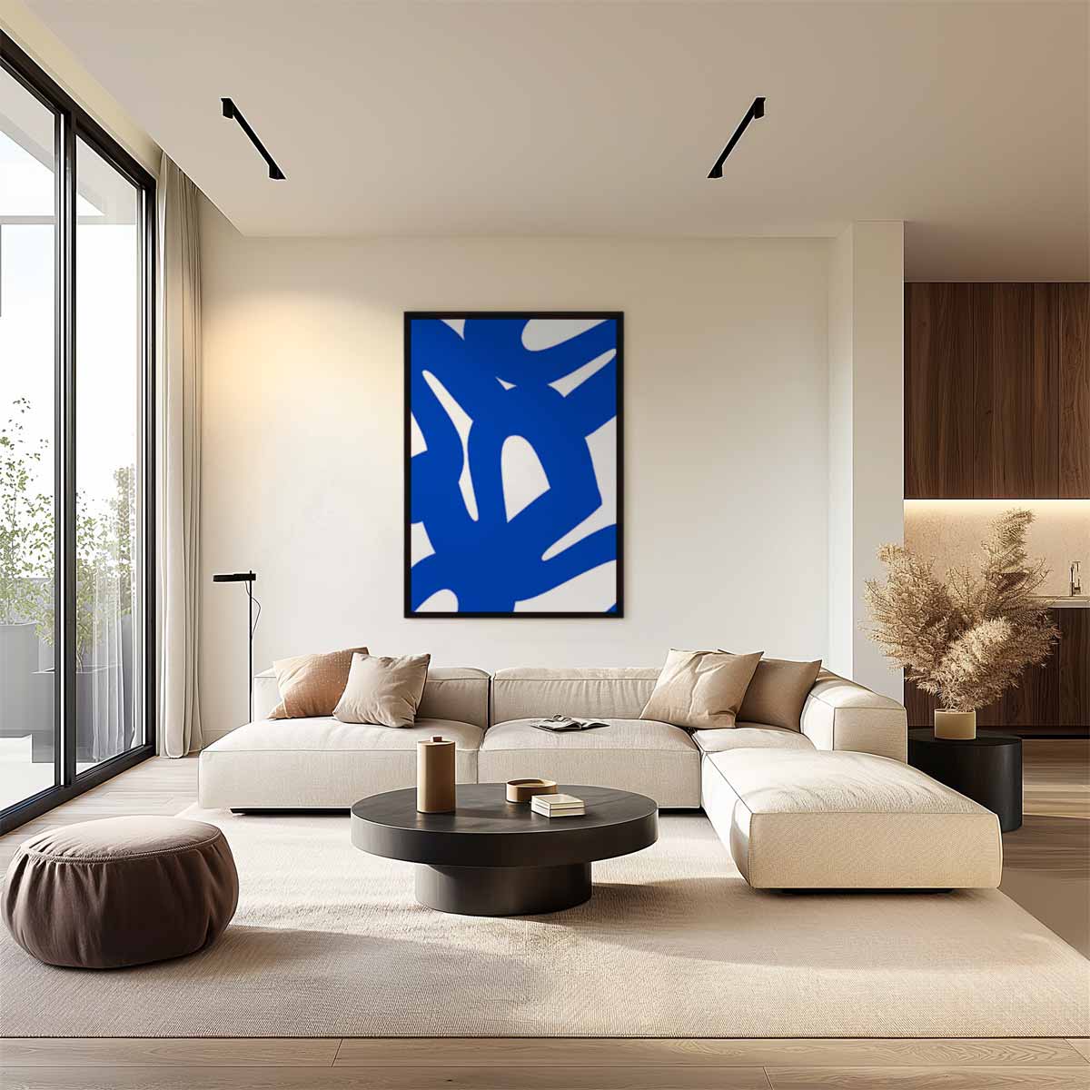Dynamische Blauwe Krabbels – plexiglas wanddecoratie in portret formaat