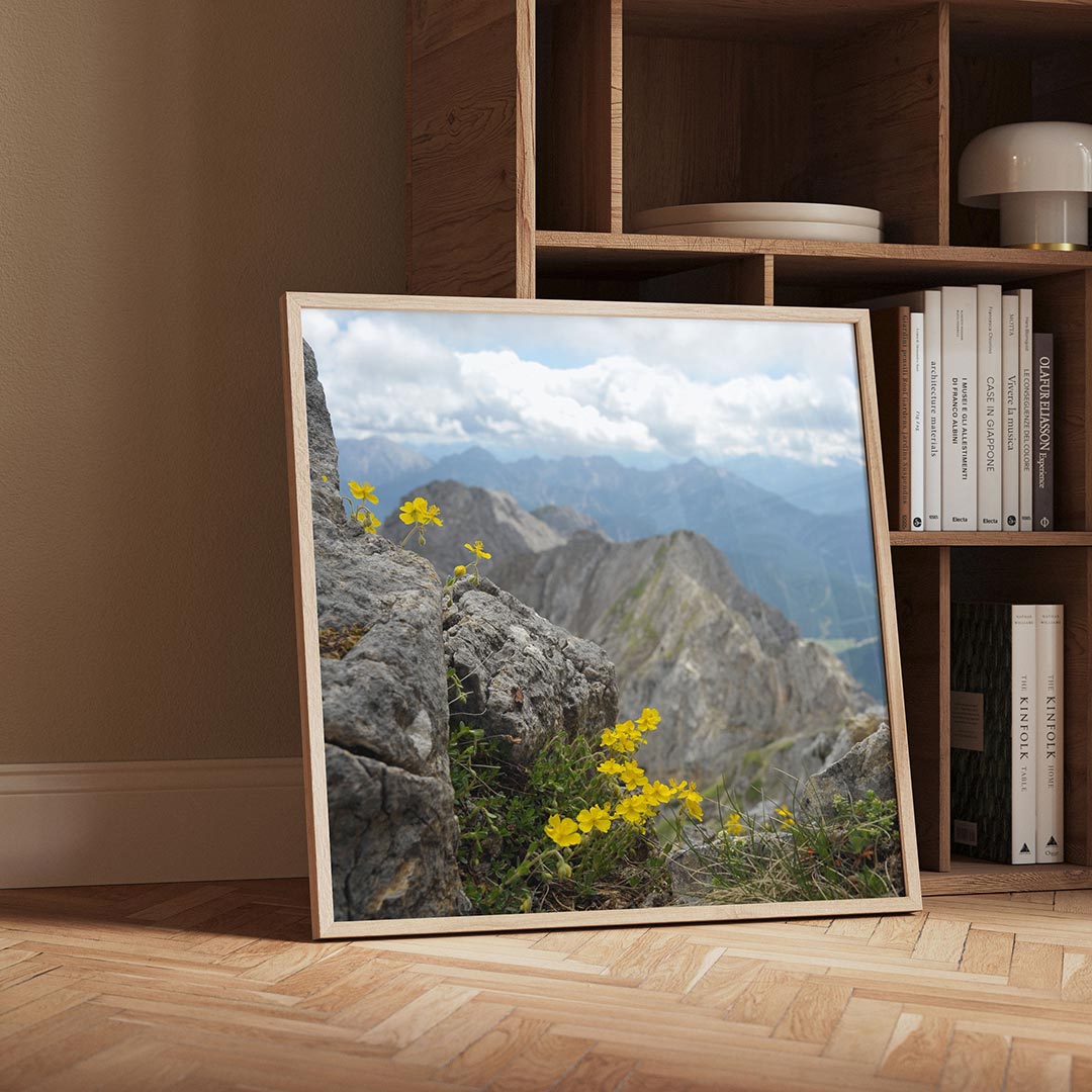 Berglandschap met bloemen poster – detailweergave – deze poster toont een ruig berglandschap met gele bloemen op de