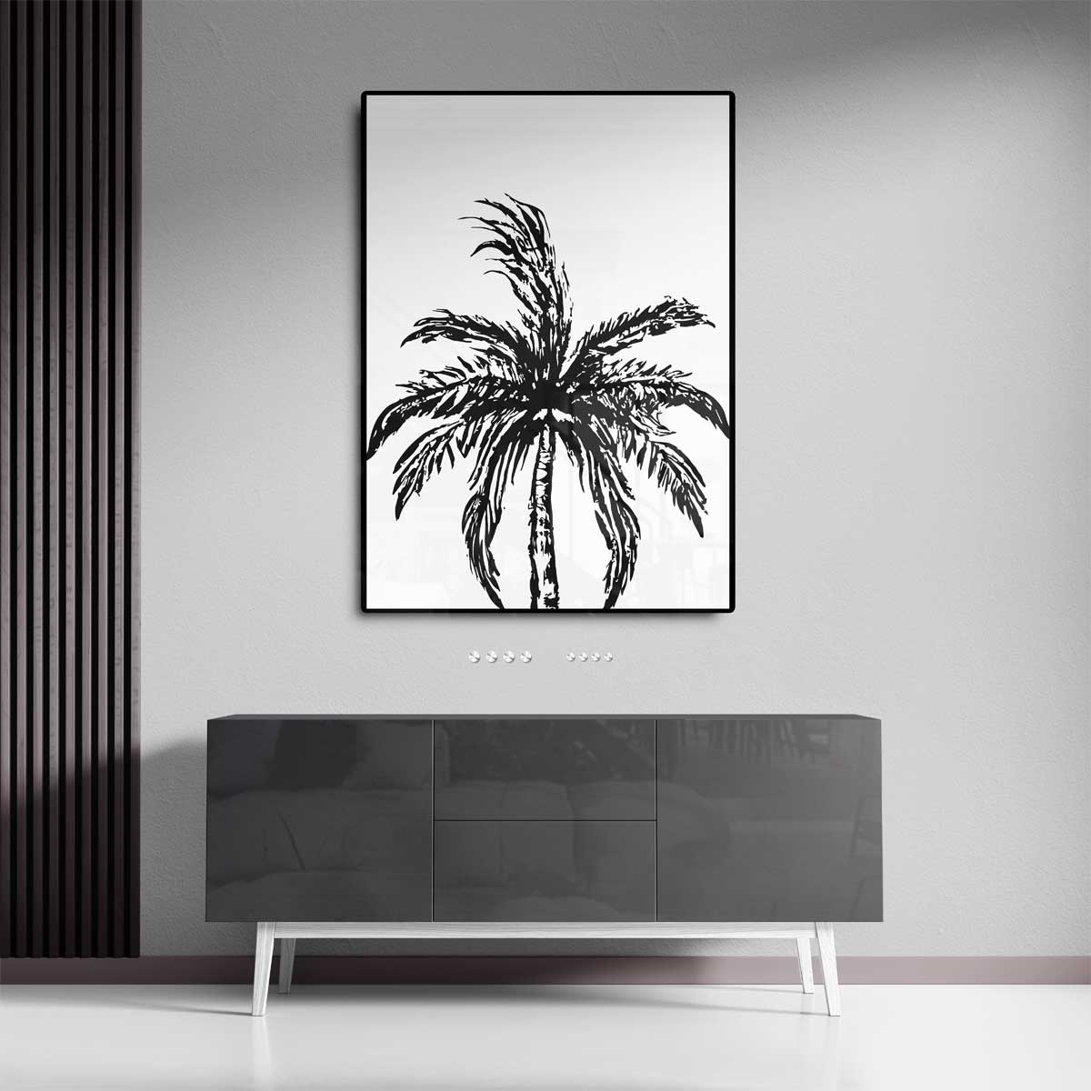 Zwart-Wit Palm Boom – kunstwerk met zwarte baklijst