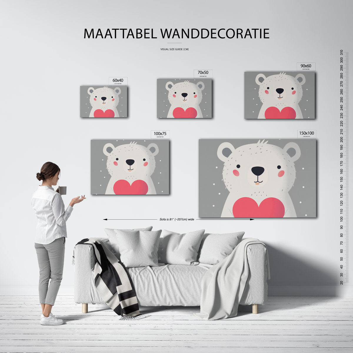 Schattige beer illustratie – Kinder kunstwerk – moderne liggende wanddecoratie