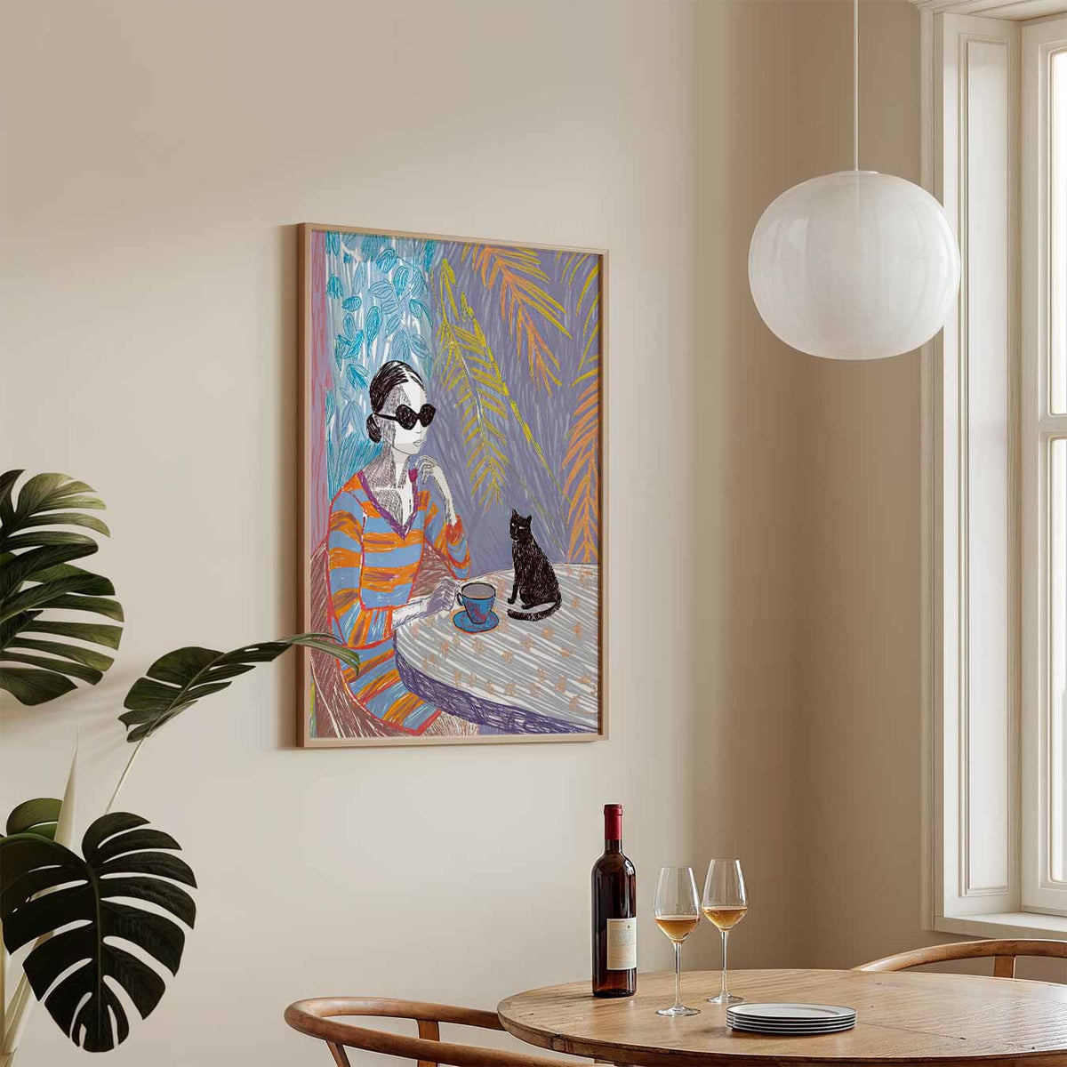 Vrouw met Kat Illustratie – zomerse wandkunst als portret poster