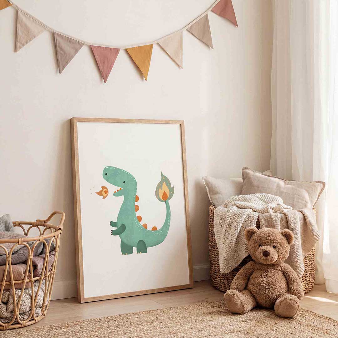 Groene dinosaurus – speelse wandkunst als portret kinderposter