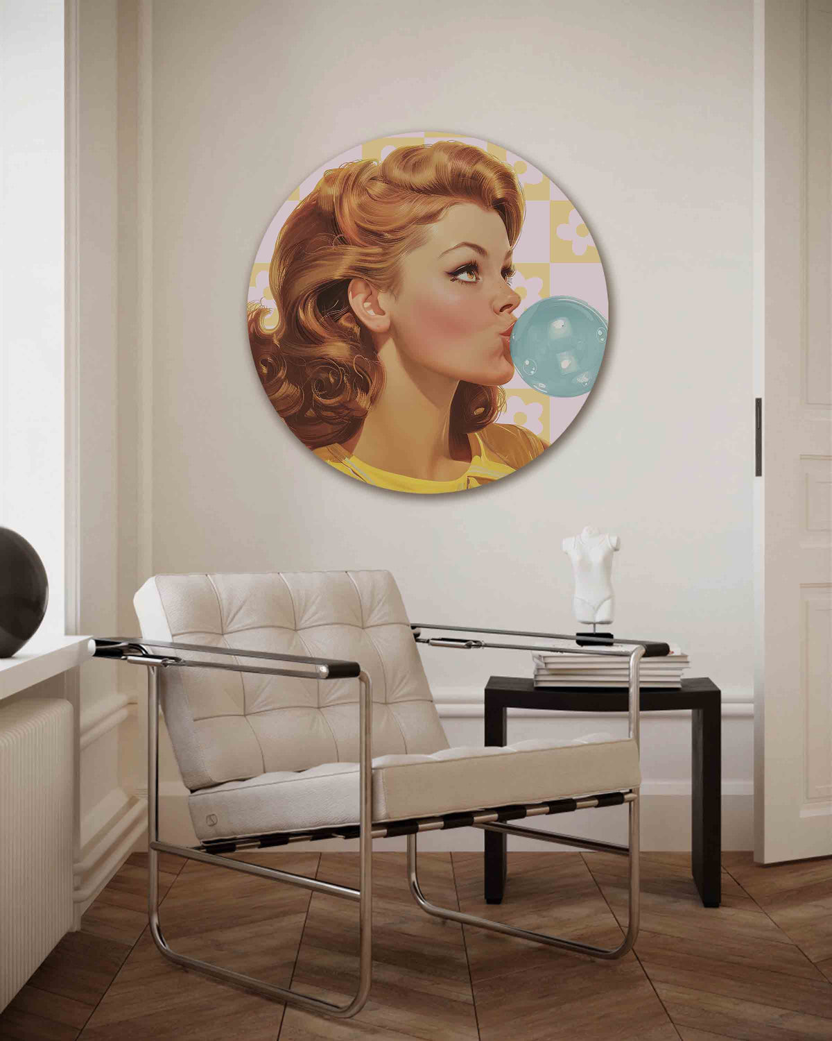 Vrouw met kauwgombel – Pop Art muurcirkel als ronde wanddecoratie