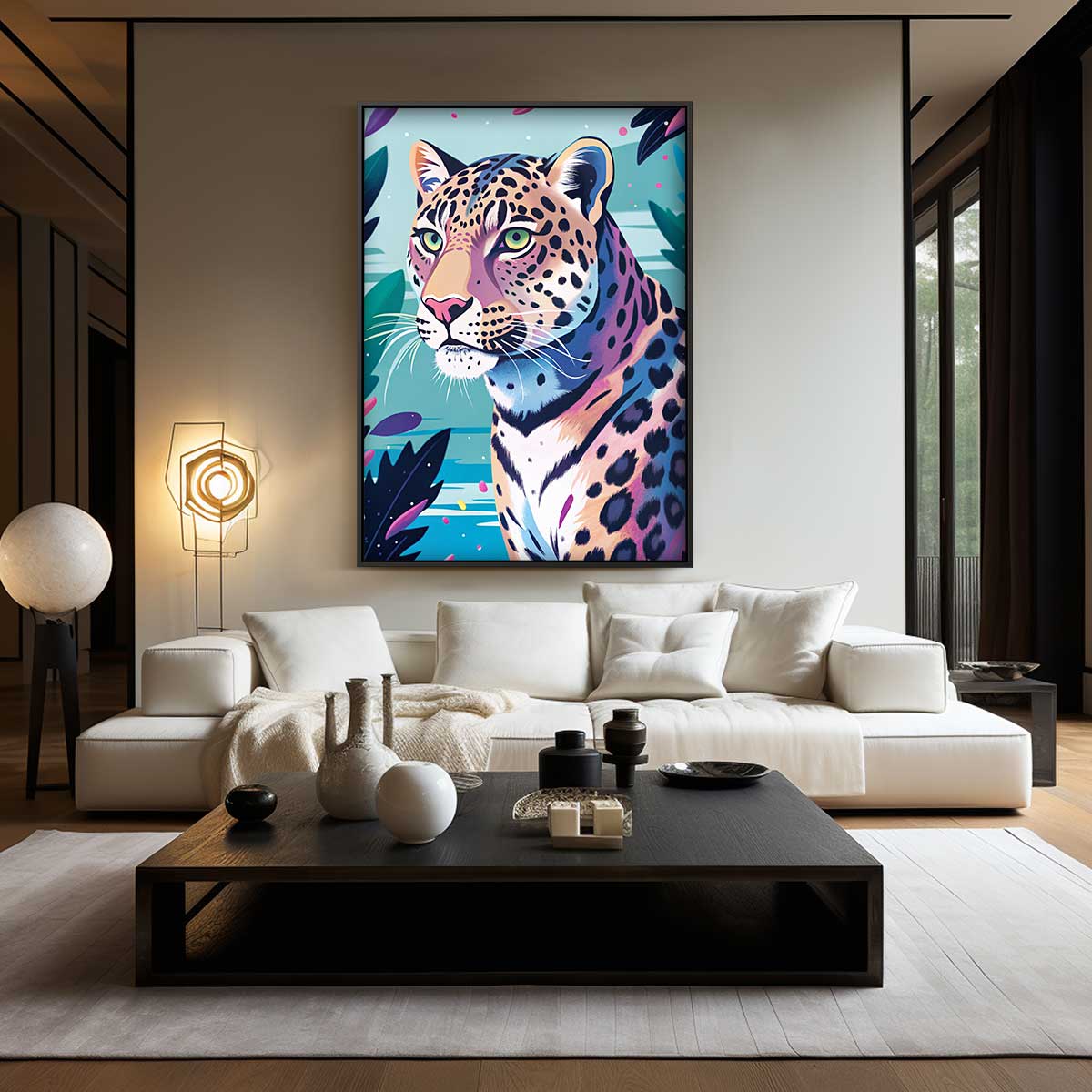 Elegante Luipaard in Kleurrijke Jungle – kunstwerk met zwarte baklijst