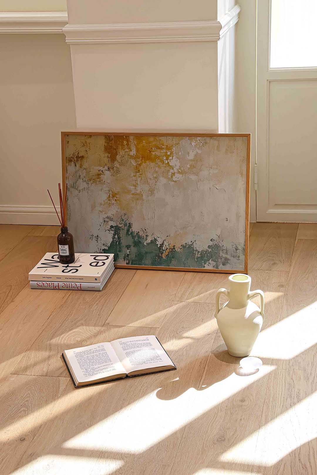 Abstracte beige en groene – liggende abstracte wanddecoratie van WallArtistic