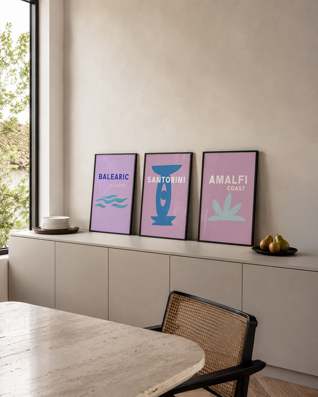 Zwevende golven posterset – detailweergave – een zachte paarse achtergrond met blauwe en turquoise