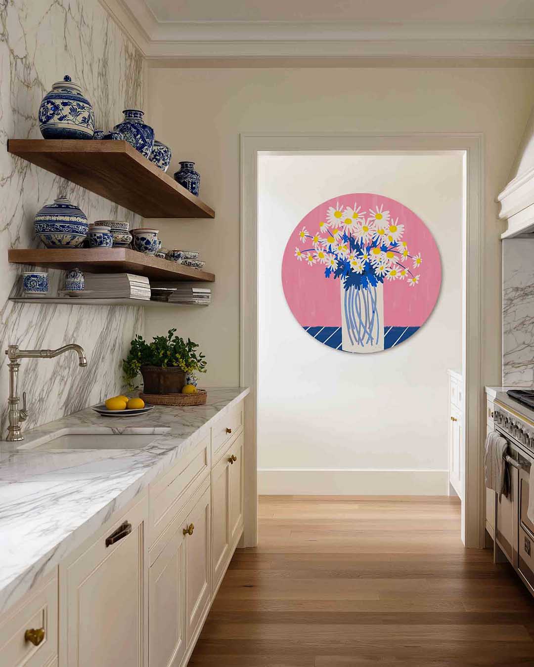 Bloemen in vaas – kleurrijke Pop Art muurcirkel voor aan de muur