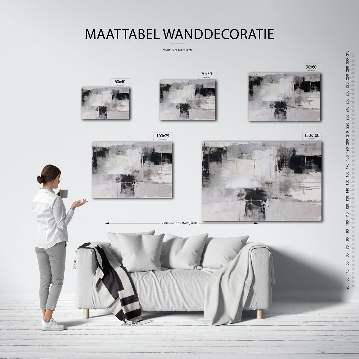 Monochrome compositie – moderne liggende wandkunst