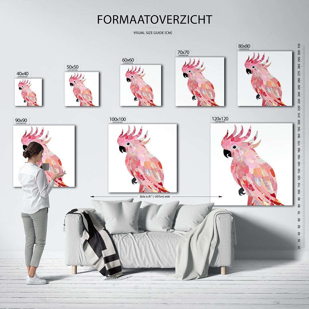 Vrolijke vogel collage kunstwerk – dit werk toont een kleurrijke vogel opgebouwd uit diverse roze en rode patronen. De
