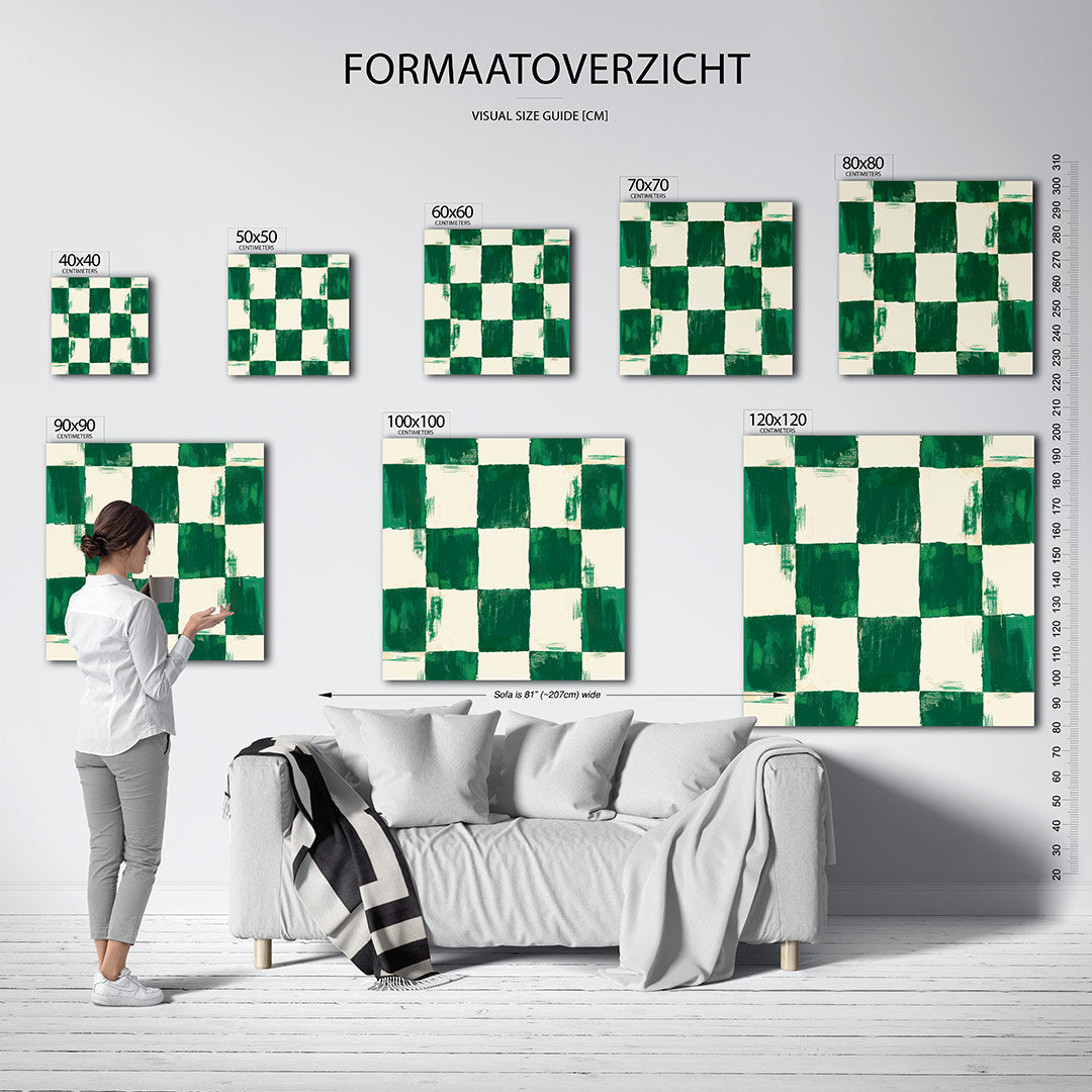 Geometrisch patroon kunstwerk – sfeerbeeld – dit werk toont een herhalend patroon van vierkanten in groene en beige tinten