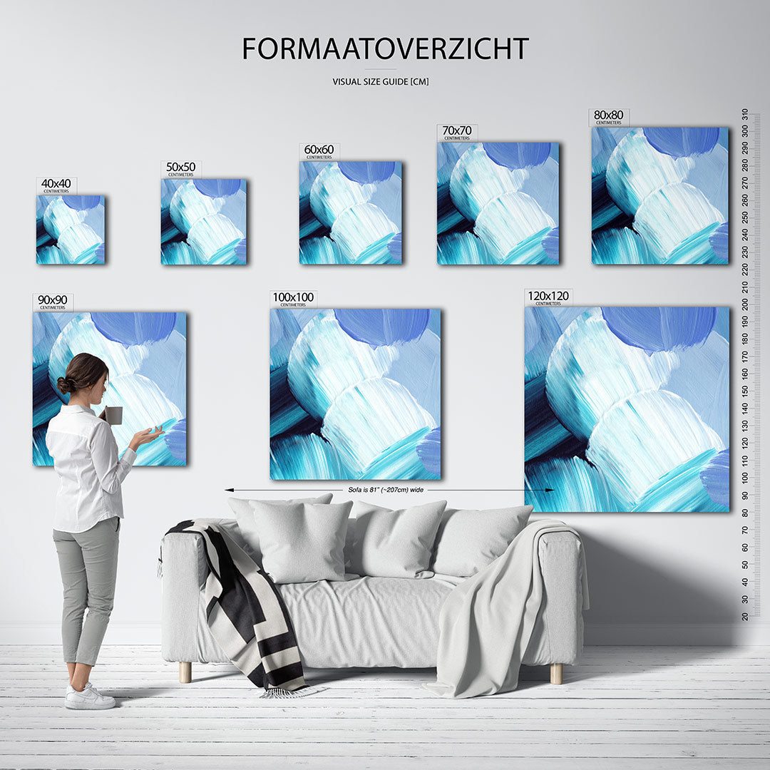 Kleurencompositie kunstwerk – dit werk toont vloeiende penseelstreken in blauw en wit, met subtiele overgangen en een