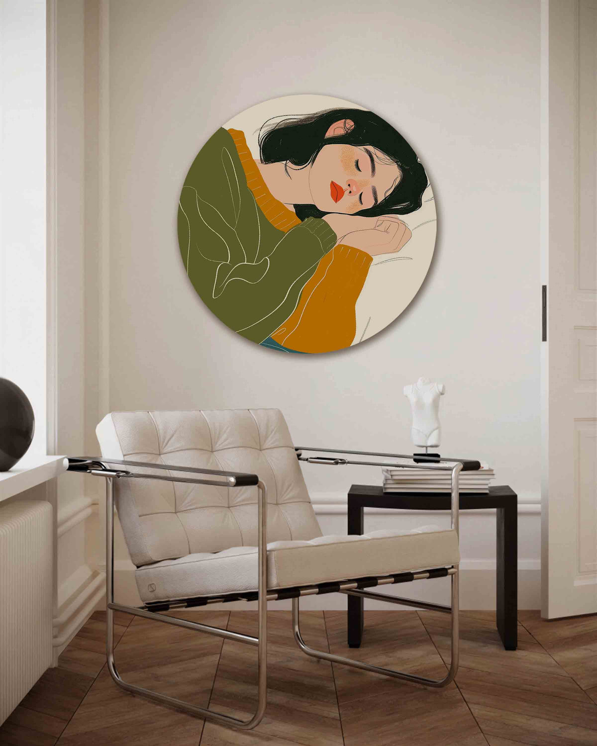 Slapende vrouw – kleurrijke muurcirkel als ronde wanddecoratie
